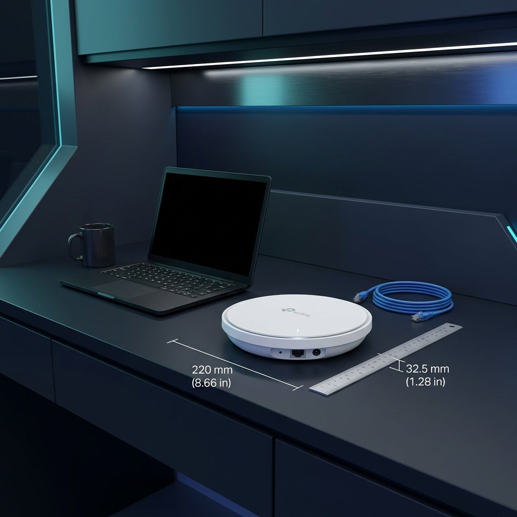 TP-Link Omada EAP773 Wi-Fi 7 access point on a desk showing 220 mm diameter scale beside a laptop