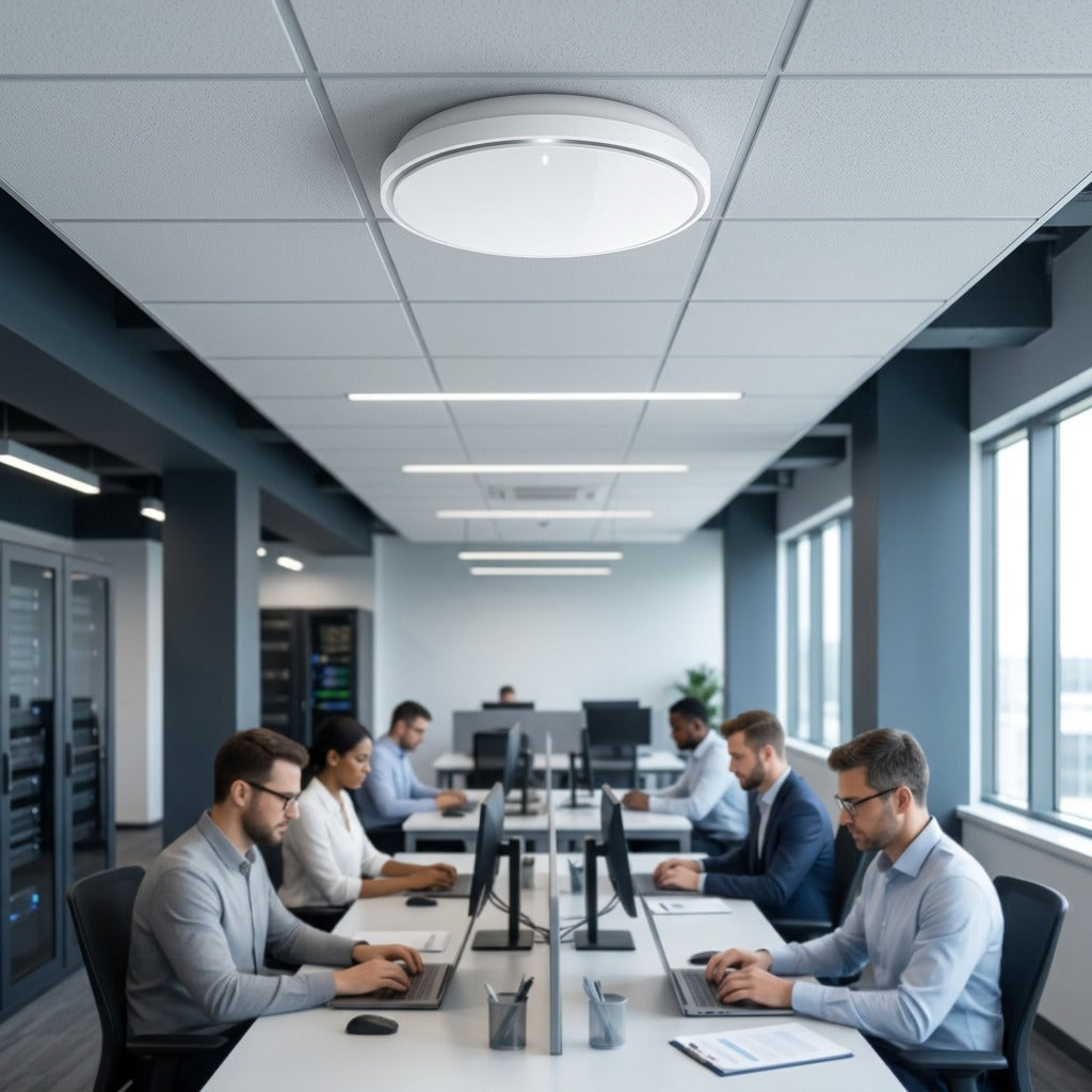 TP-Link Omada EAP773 Wi-Fi 7 access point mounted on the ceiling of a modern, busy open office.