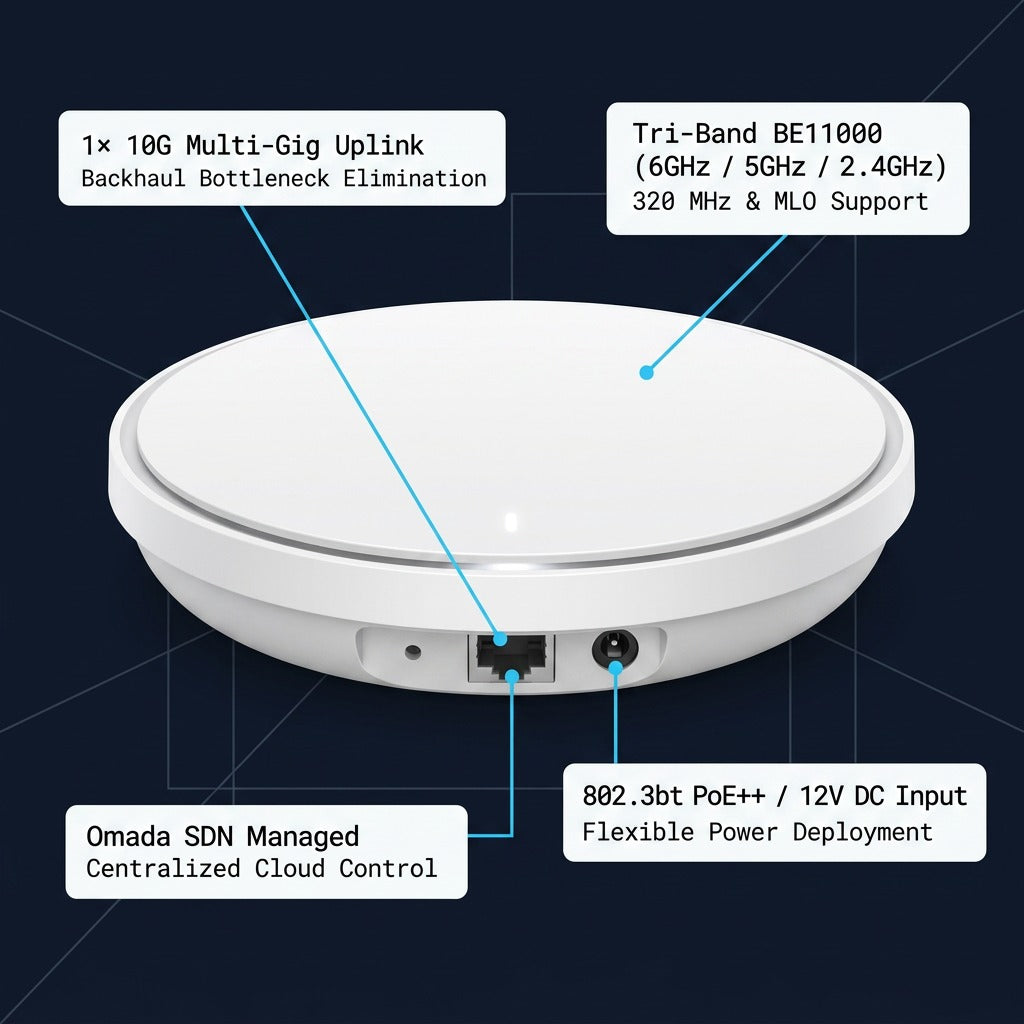 Feature callout diagram of TP-Link Omada EAP773 Wi-Fi 7 access point highlighting key specs and ports.