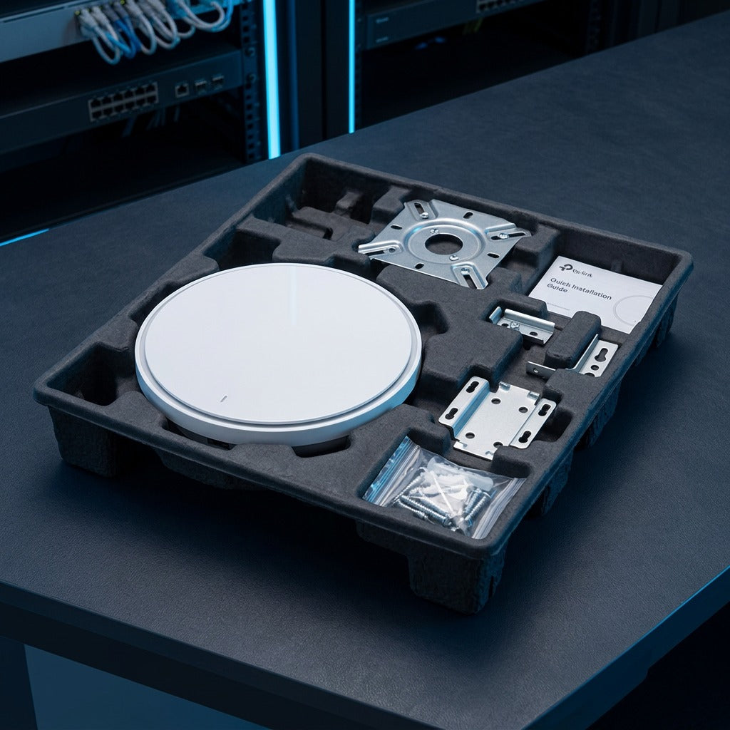 TP-Link Omada EAP773 Wi-Fi 7 access point in packaging tray with mounting hardware and guide