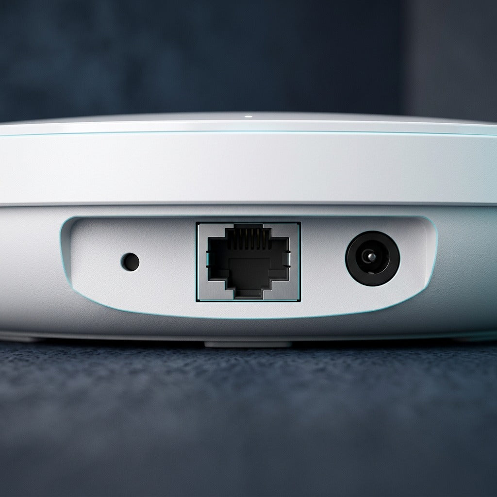 Close-up of the TP-Link Omada EAP773 access point showing the reset hole, RJ45 port, and DC power jack.