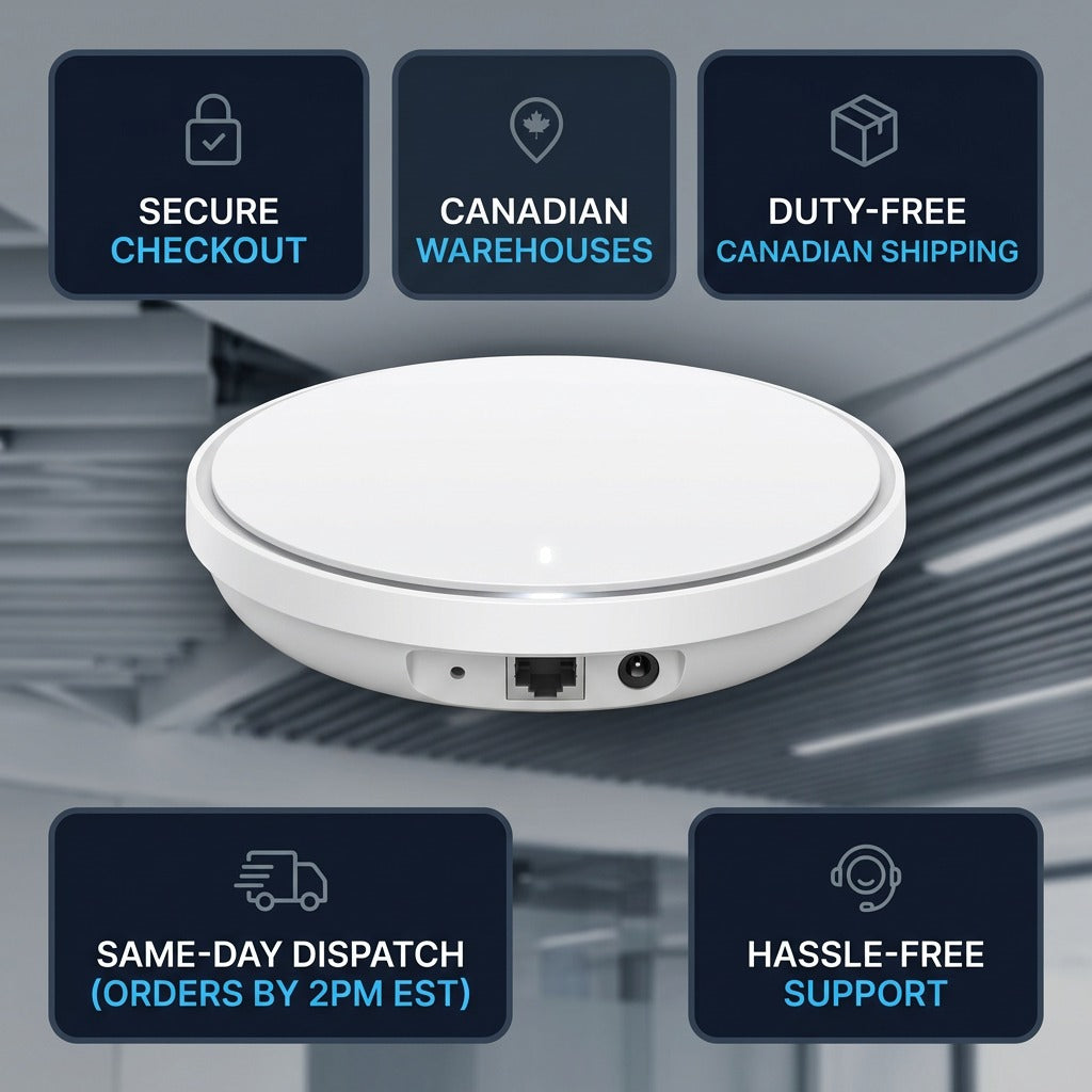 TP-Link Omada EAP773 Wi-Fi 7 access point surrounded by shipping, support, and secure checkout badges.
