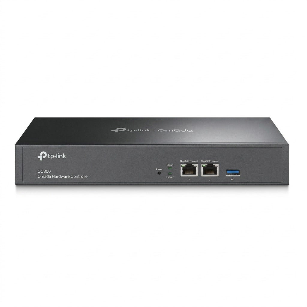 TP-Link Omada OC300 Hardware Controller in a dark metal chassis on a white studio background.