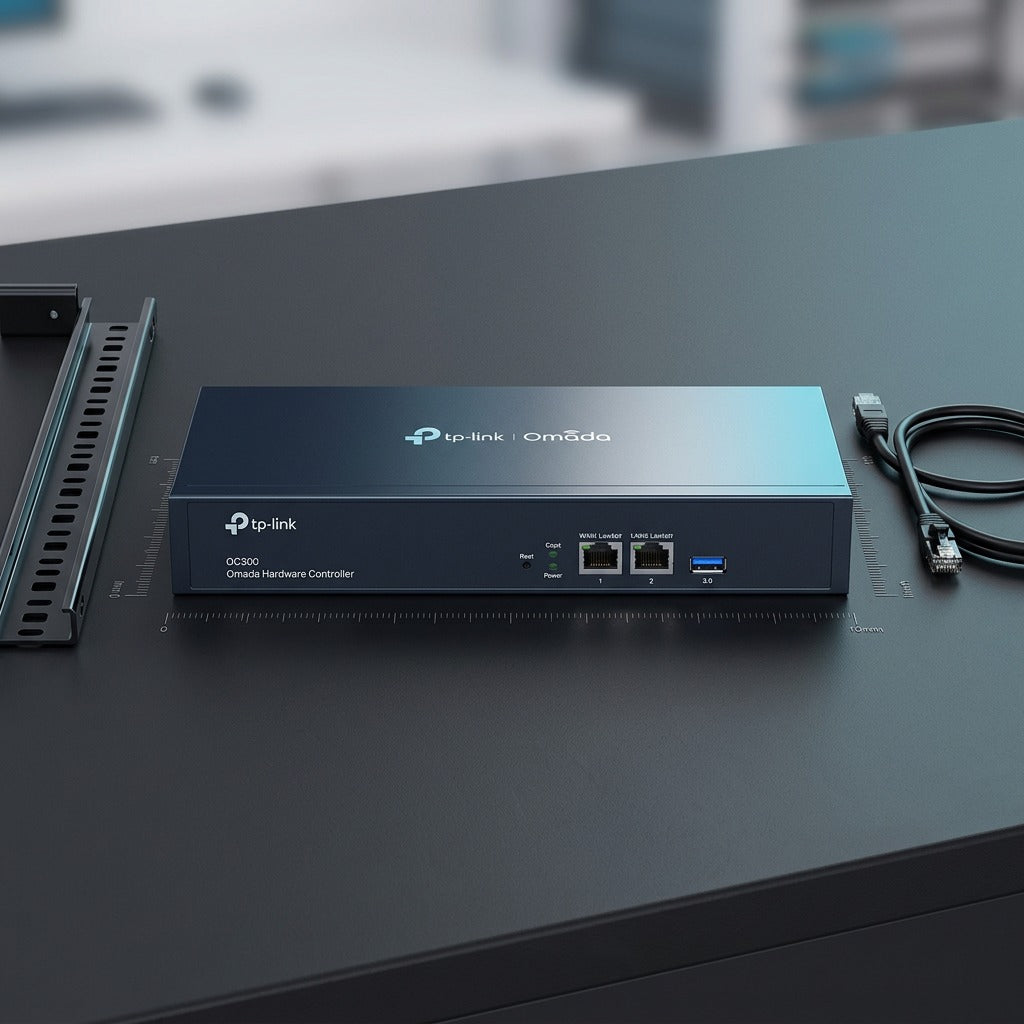 Scale view of the TP-Link Omada OC300 SDN hardware controller on a desk beside an Ethernet cable