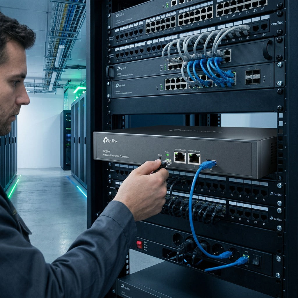IT technician connecting an Ethernet cable to a rack-mounted TP-Link Omada hardware controller.