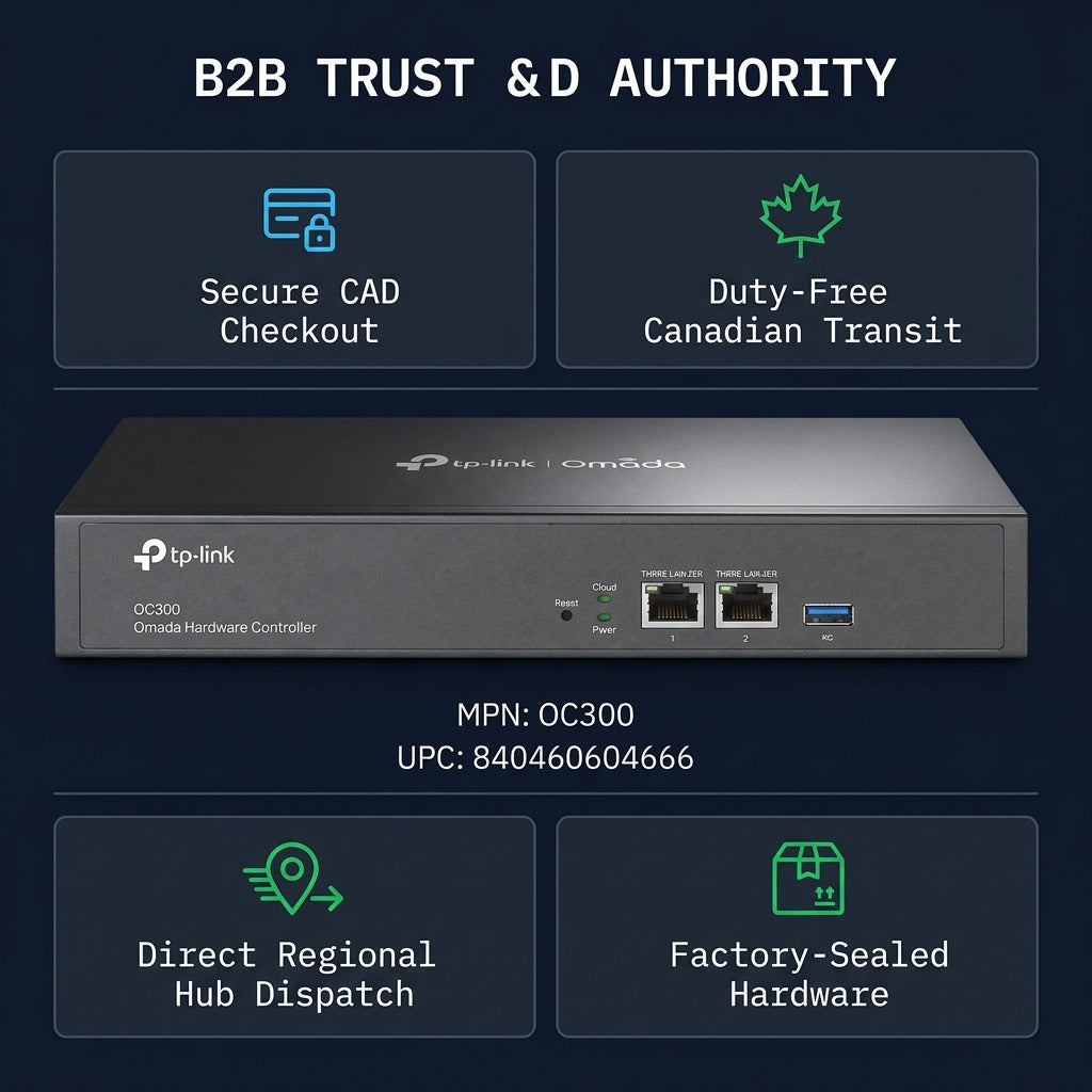 TP-Link Omada OC300 SDN Hardware Controller shown with Canadian B2B trust and dispatch feature badges.
