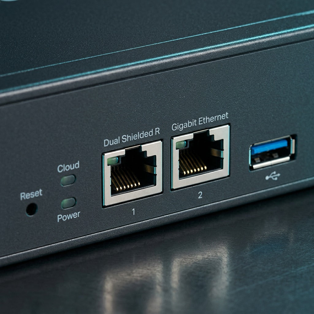 Close-up of TP-Link Omada OC300 hardware controller front panel with Gigabit ports and USB port.