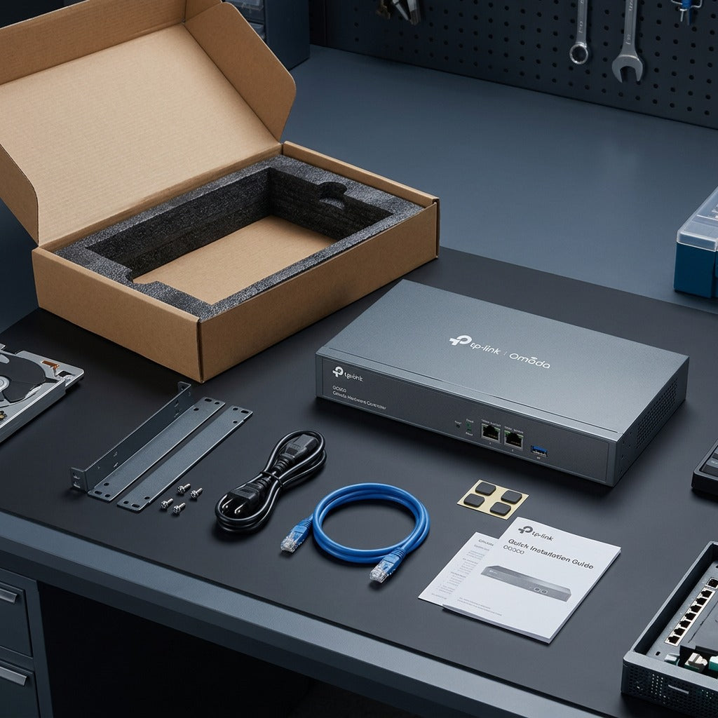 TP-Link Omada OC300 SDN Hardware Controller unboxed with rackmount kit, cables, and manual.