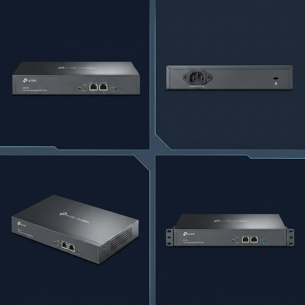 Multi-angle views of the TP-Link Omada OC300 Hardware Controller, including front, rear, and rackmount.