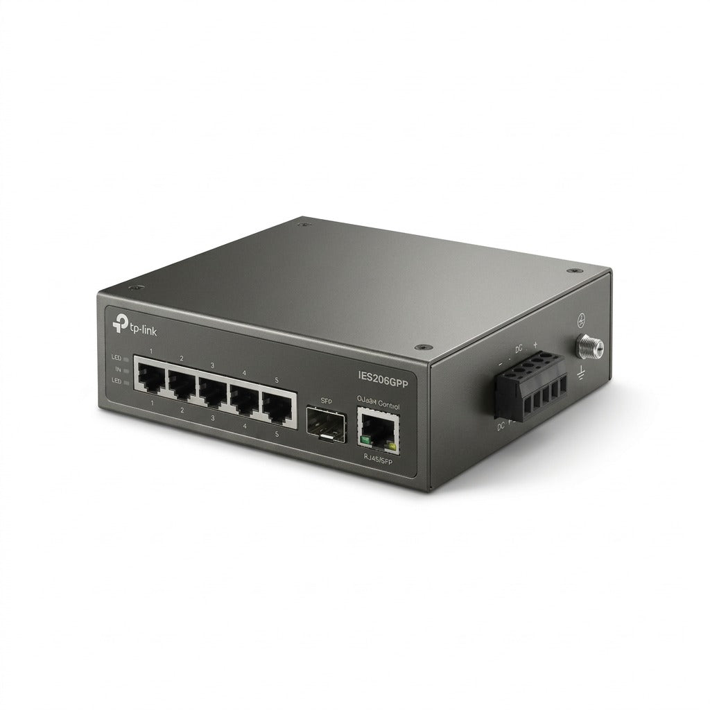 TP-Link Omada IES206GPP 6-port industrial gigabit switch with metal casing on a white background.