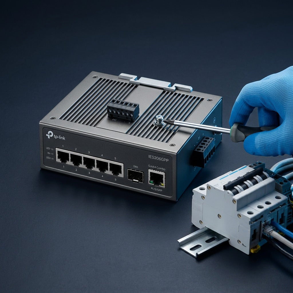 Compact TP-Link Omada IES206GPP industrial switch next to a DIN rail and gloved hand with screwdriver.