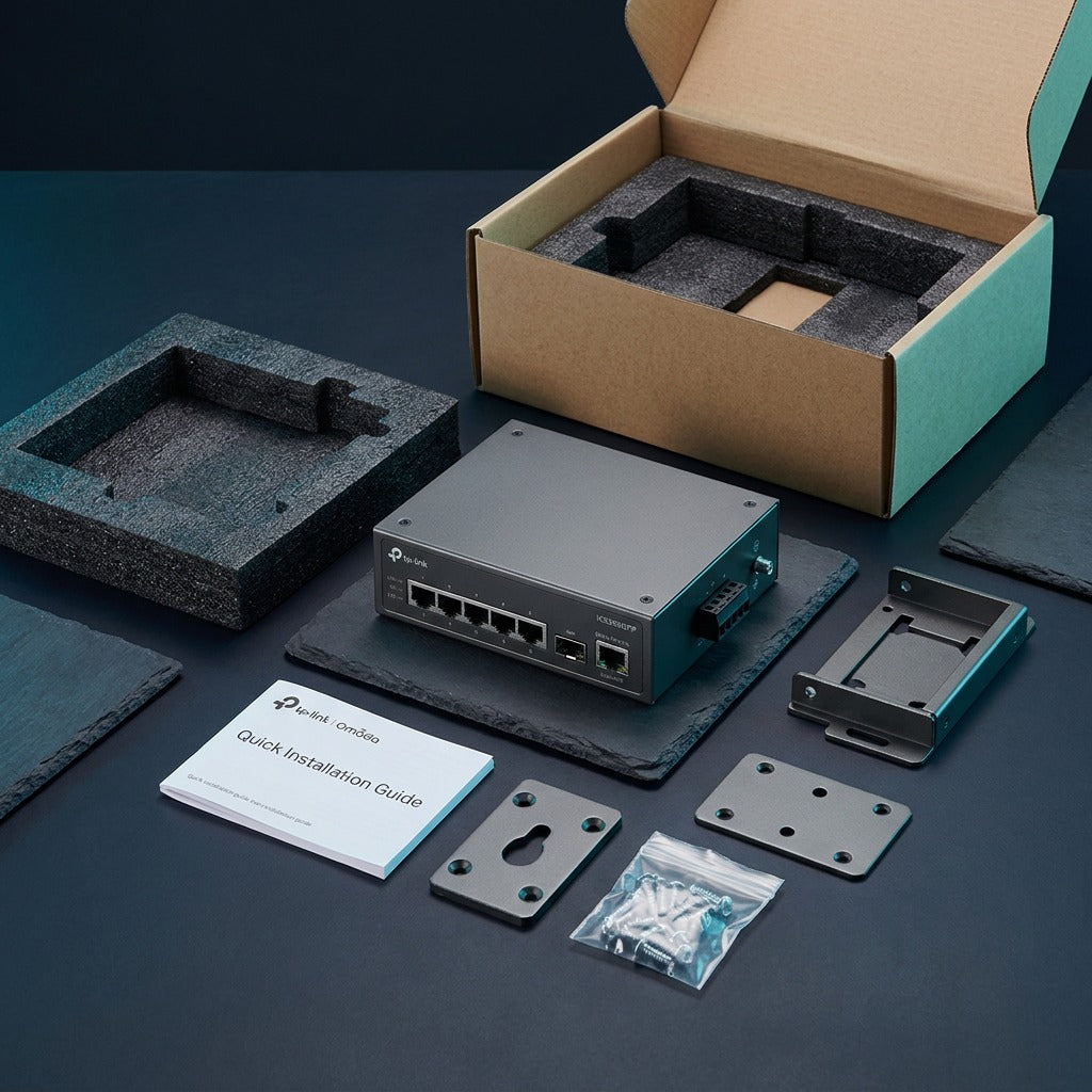 TP-Link Omada IES206GPP industrial switch unboxed with box, foam, mounting brackets, and guide.