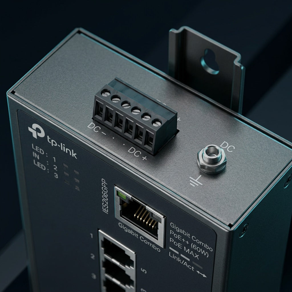 Close-up of TP-Link IES206GPP industrial switch showing DC terminal block, ground screw, and PoE++ port.