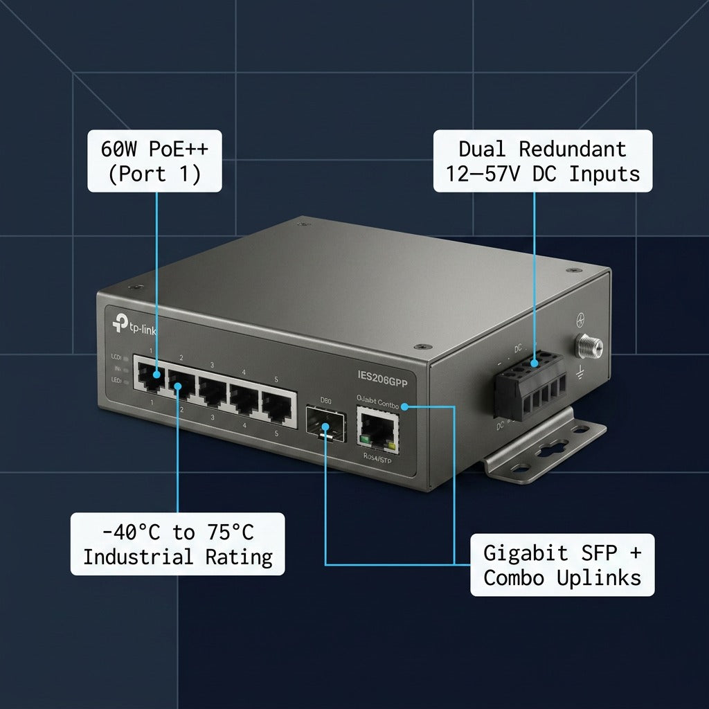 Feature callout diagram of TP-Link Omada IES206GPP industrial switch highlighting ports and power.