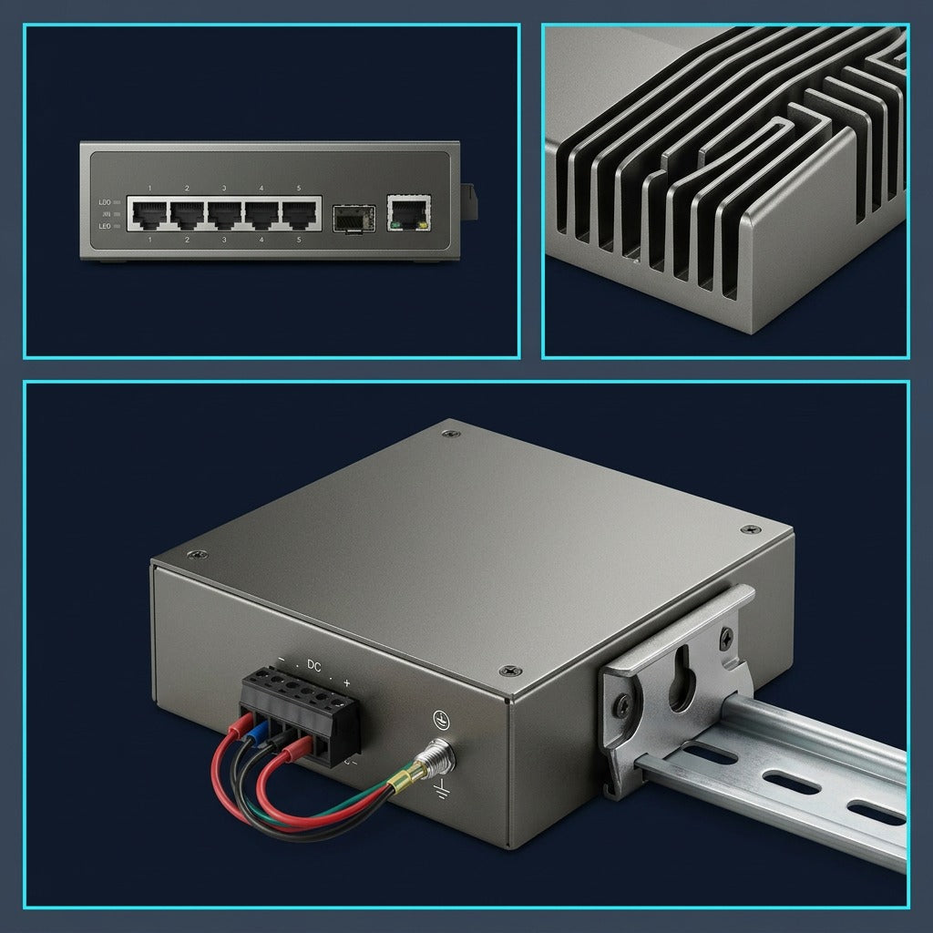TP-Link Omada IES206GPP industrial switch views: front ports, heatsink chassis, and DIN-rail mount.