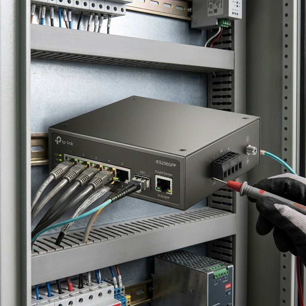 TP-Link Omada IES206GPP industrial switch mounted on a DIN rail in a control cabinet being tested.