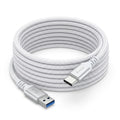 Coiled white braided Travelocity 9ft USB-A to USB-C cable with silver connector ends.
