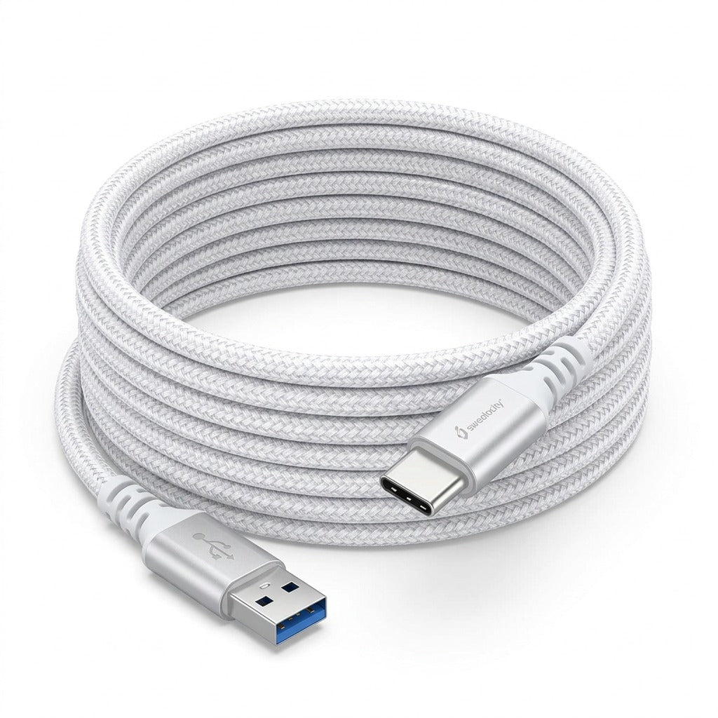 Coiled white braided Travelocity 9ft USB-A to USB-C cable with silver connector ends.