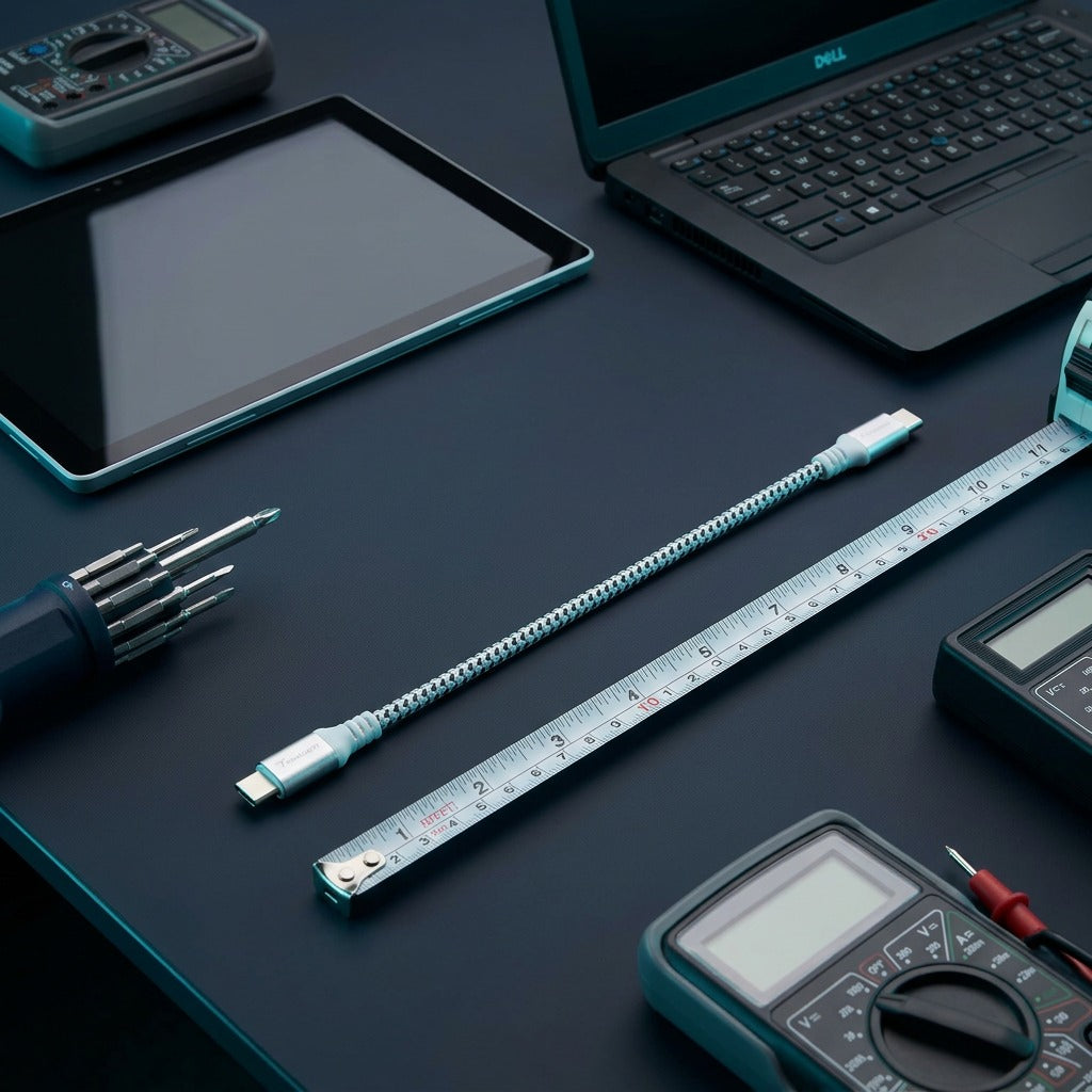 Short braided USB-C cable next to a tape measure, laptop, tablet, and tools on a dark desk.