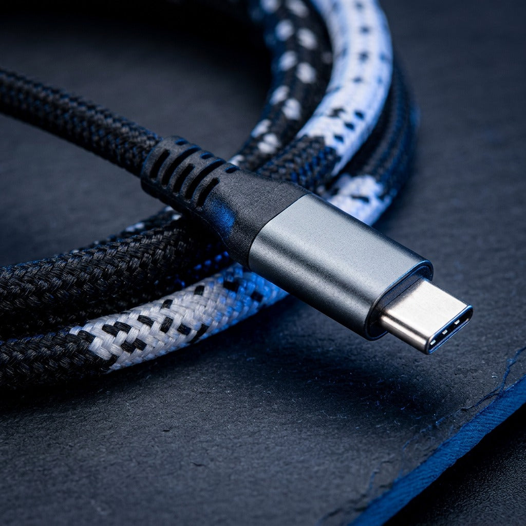 Close-up of the Travelocity braided USB Type-C cable tip, reinforced collar, and woven cord.