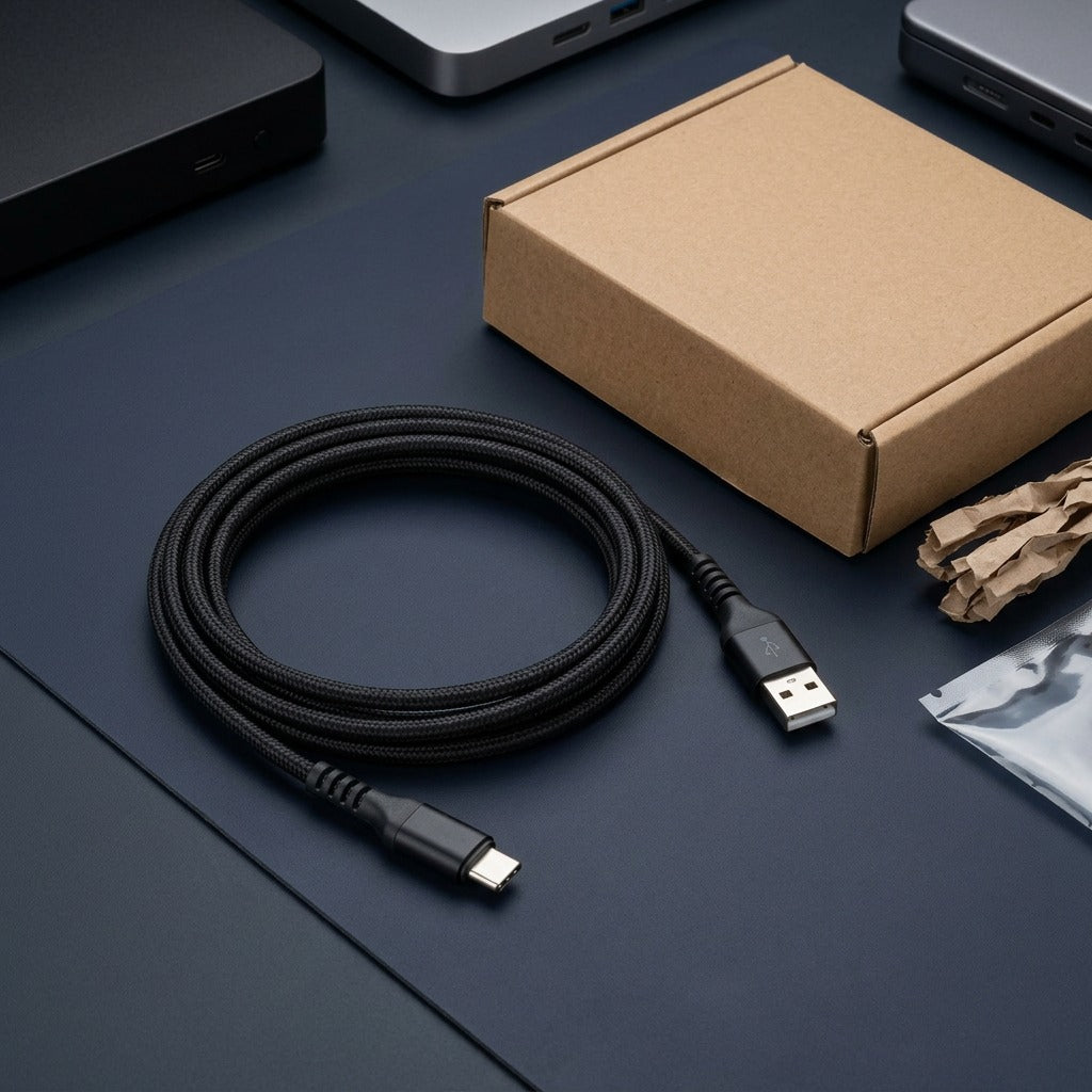 Coiled black braided USB-A to USB-C cable next to a plain brown cardboard box on a dark desk.