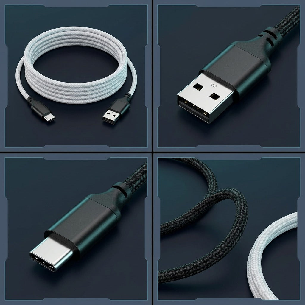 Four-panel view of Travelocity braided USB-A to USB-C cable showing connectors and durable nylon wire.