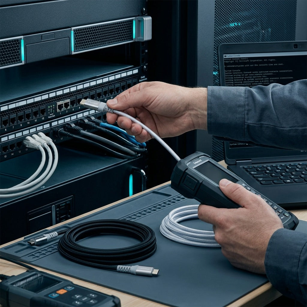 Technician using a braided Travelocity USB-C cable to connect a diagnostic device to a server rack.