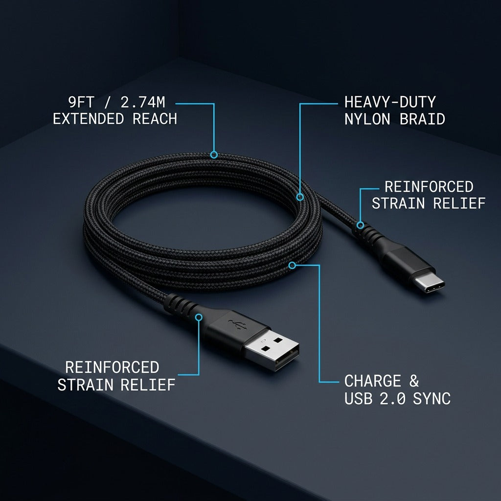 Travelocity 9ft braided USB-A to USB-C cable diagram highlighting reinforced strain relief and sync.