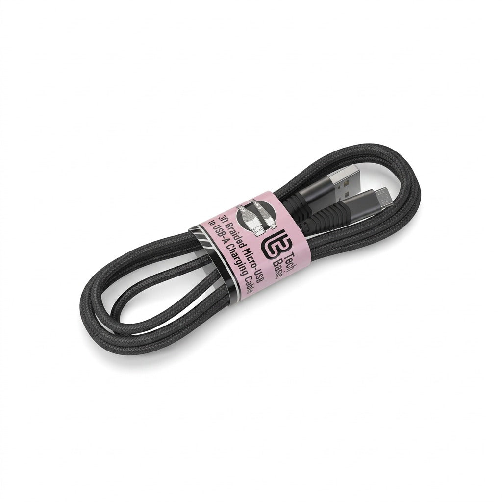 Coiled Tech Basic 3-foot black braided Micro-USB to USB-A charging cable with pink product label.