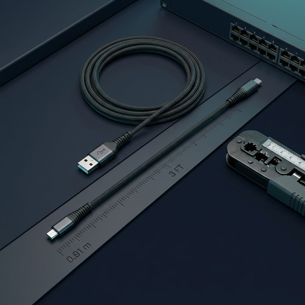Tech Basic 3 ft braided Micro-USB to USB-A cable on an IT workbench beside network hardware.