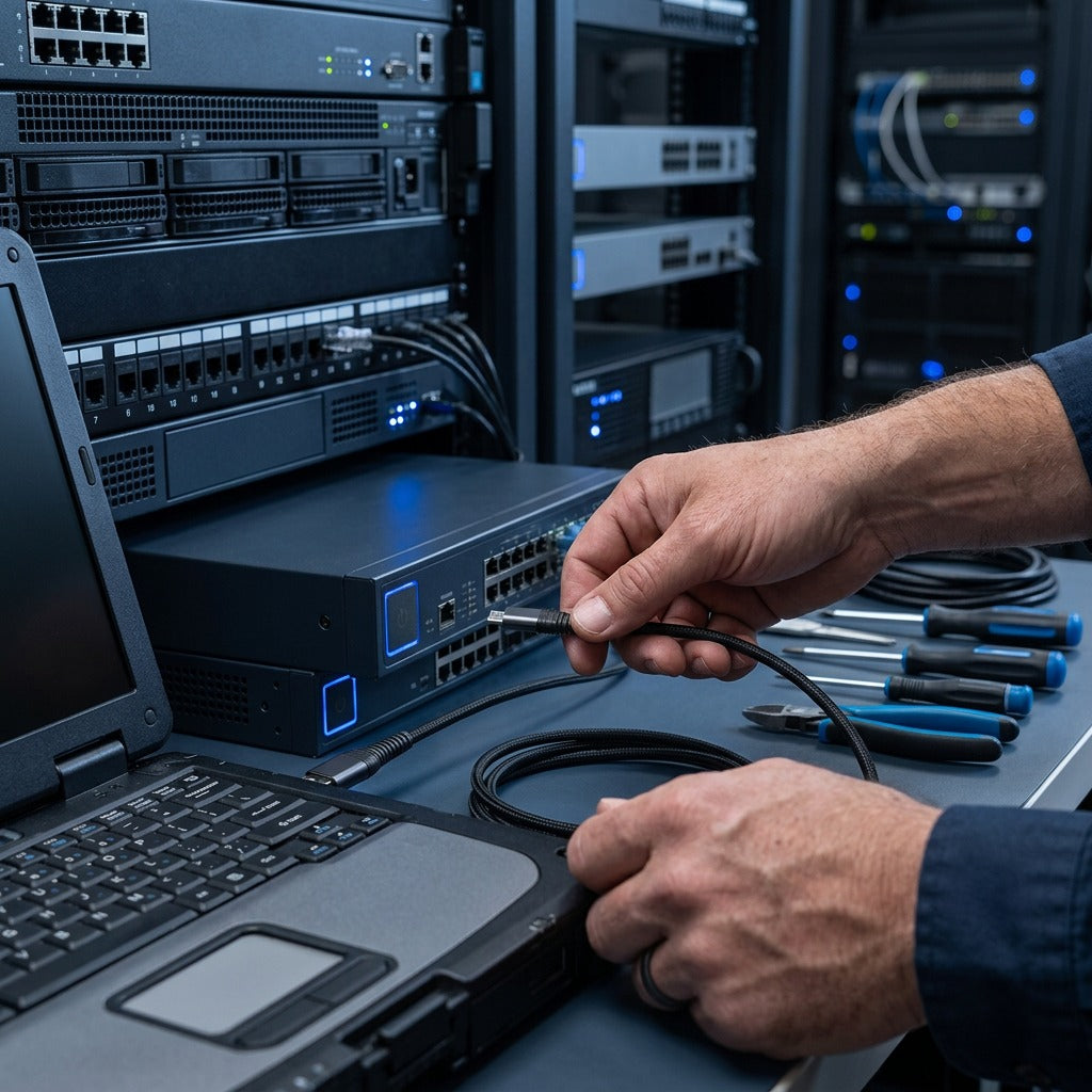 Technician using a Tech Basic braided Micro USB cable to connect a laptop to server rack equipment.