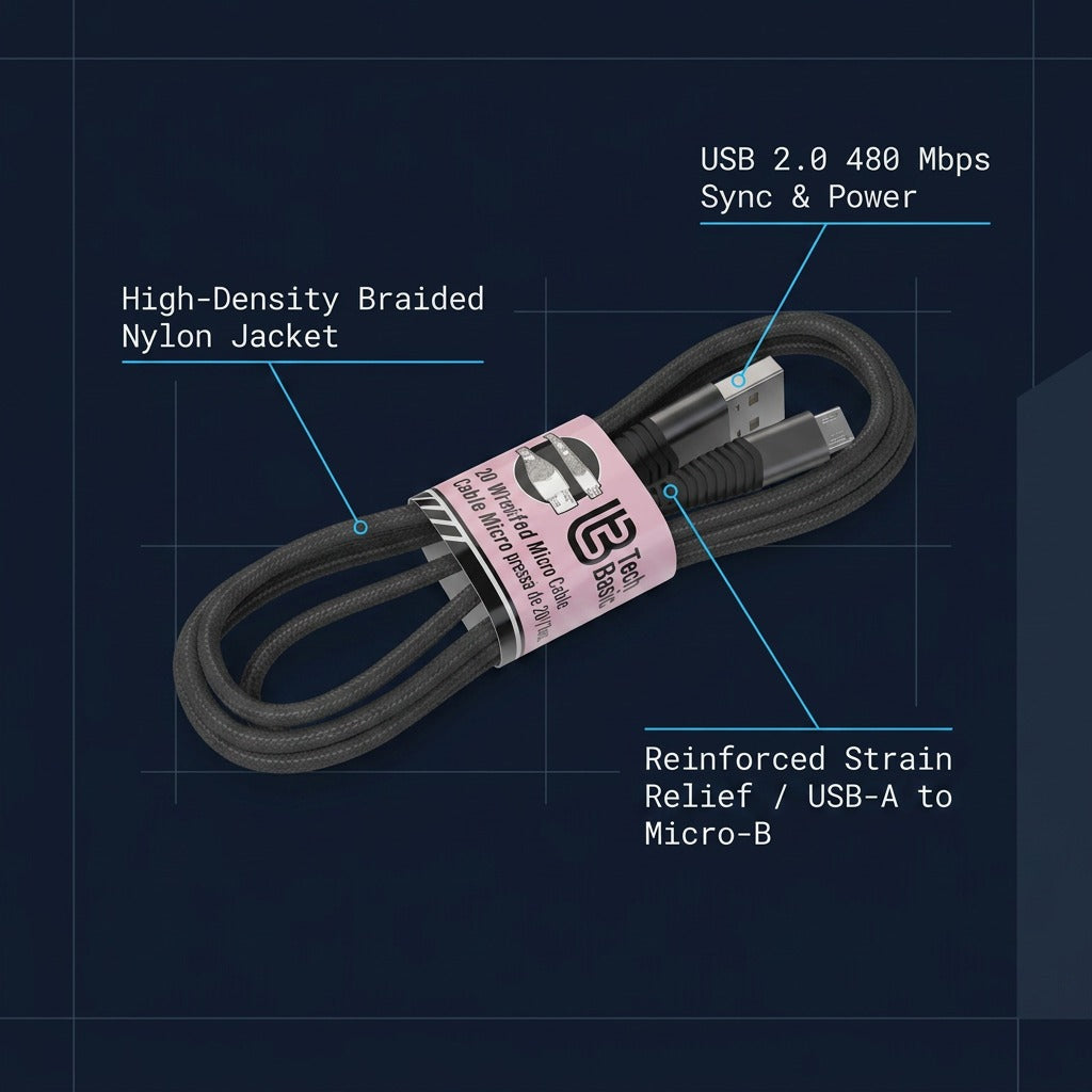 Feature diagram of coiled Tech Basic braided Micro-USB to USB-A cable highlighting specs.