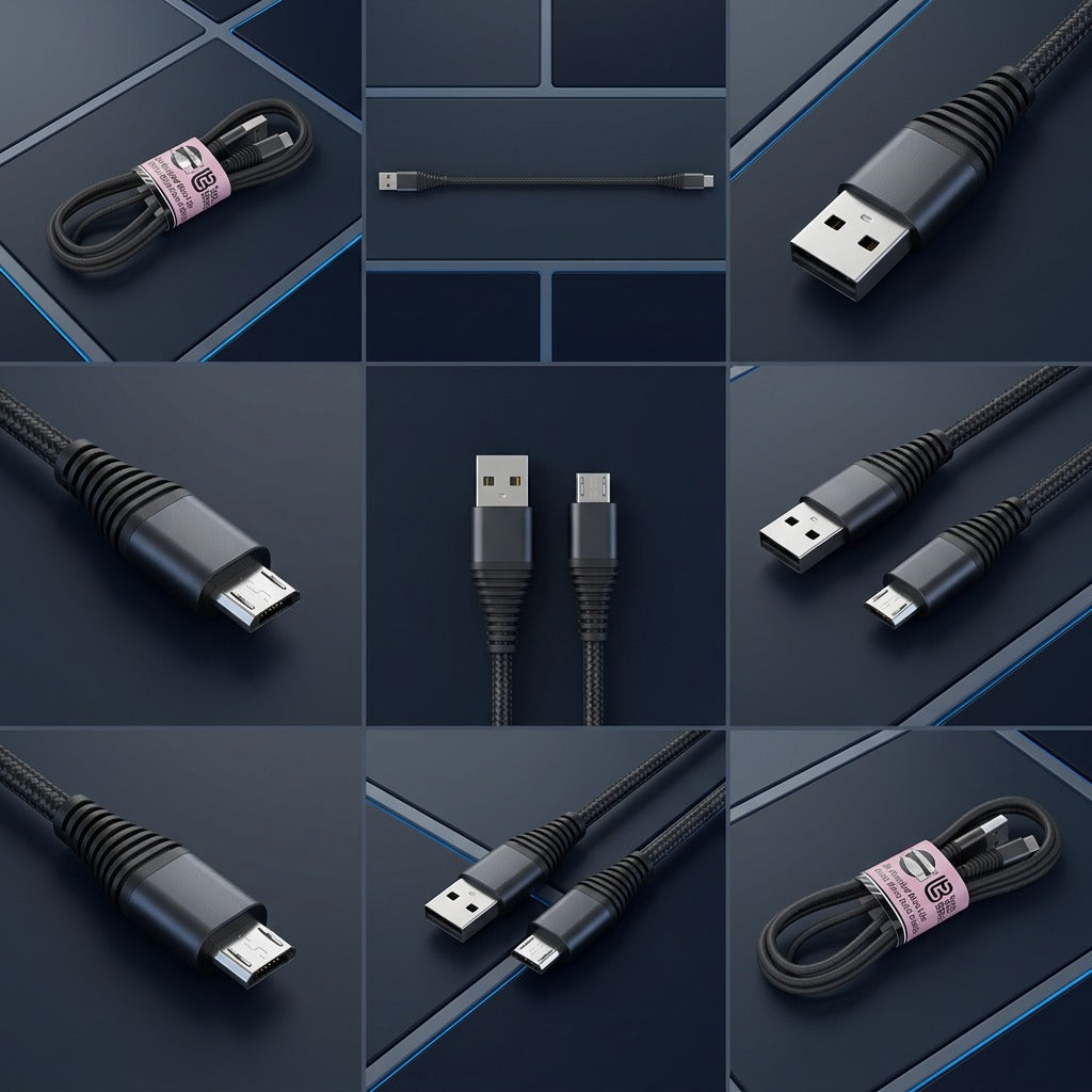 Tech Basic 3 ft braided Micro-USB to USB-A cable shown in a multi-angle panel configuration.