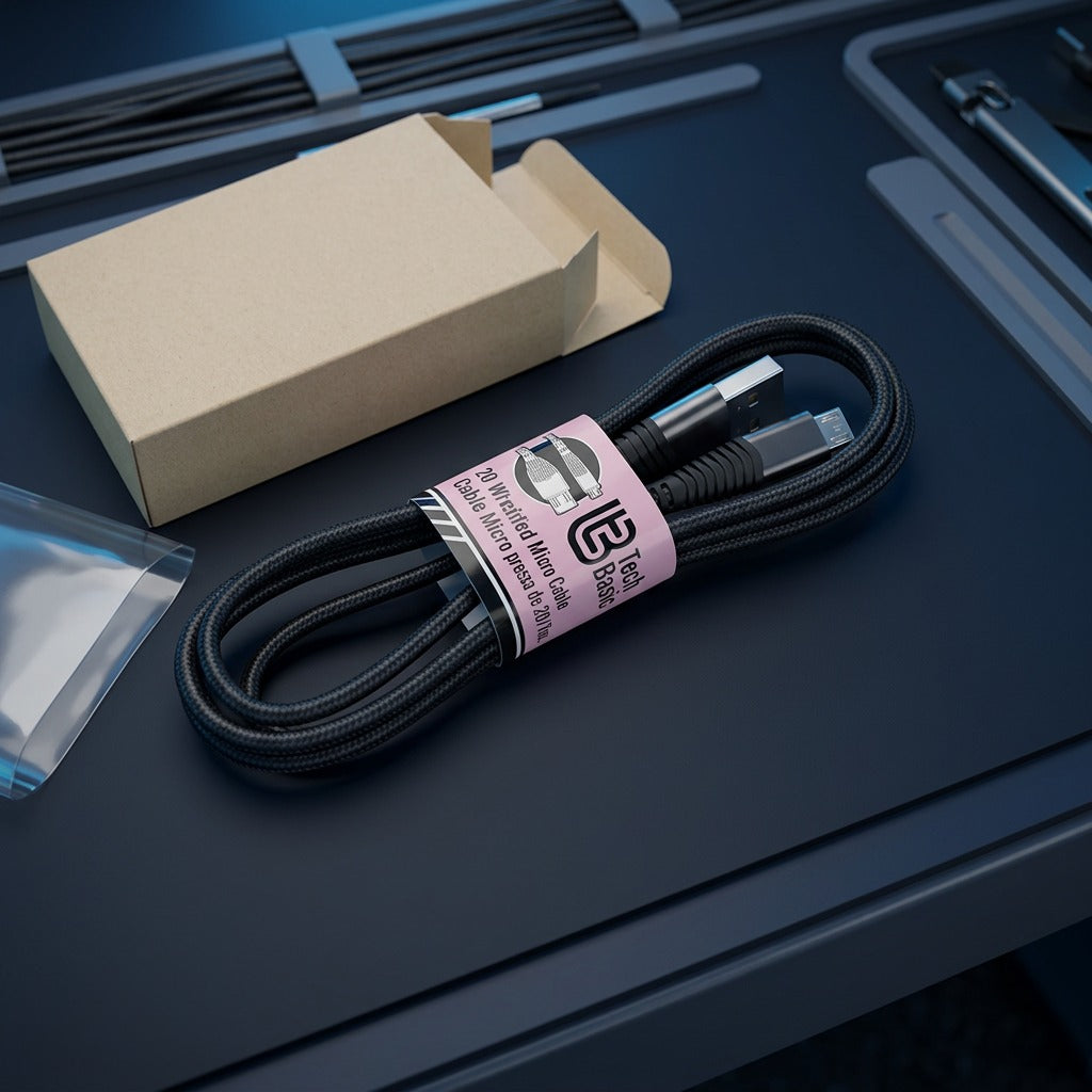Tech Basic coiled black braided Micro USB cable with paper band packaging next to a cardboard box.