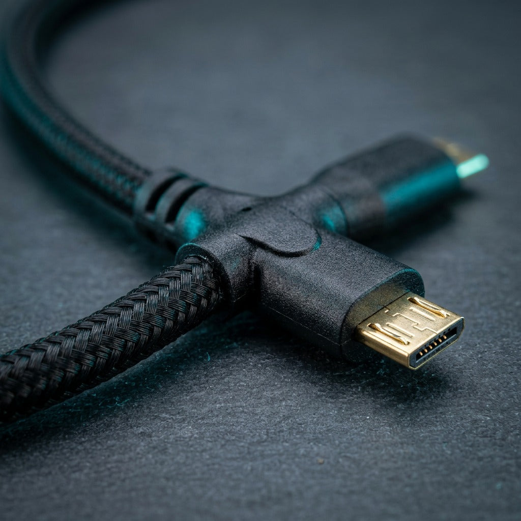 Macro detail of the Tech Basic 3 ft braided micro-USB cable showing connector and woven nylon.
