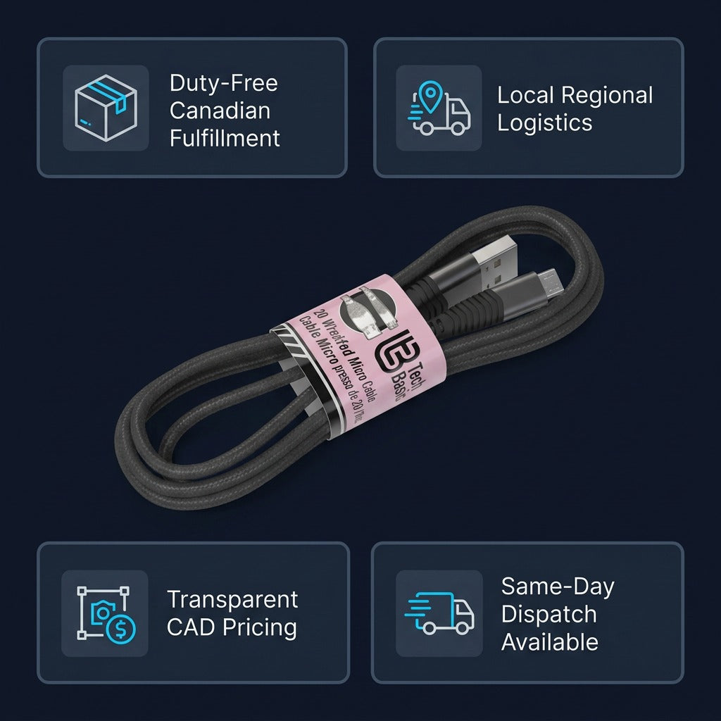 Tech Basic 3 ft braided Micro-USB cable framed by Canadian fulfillment and logistics trust badges.