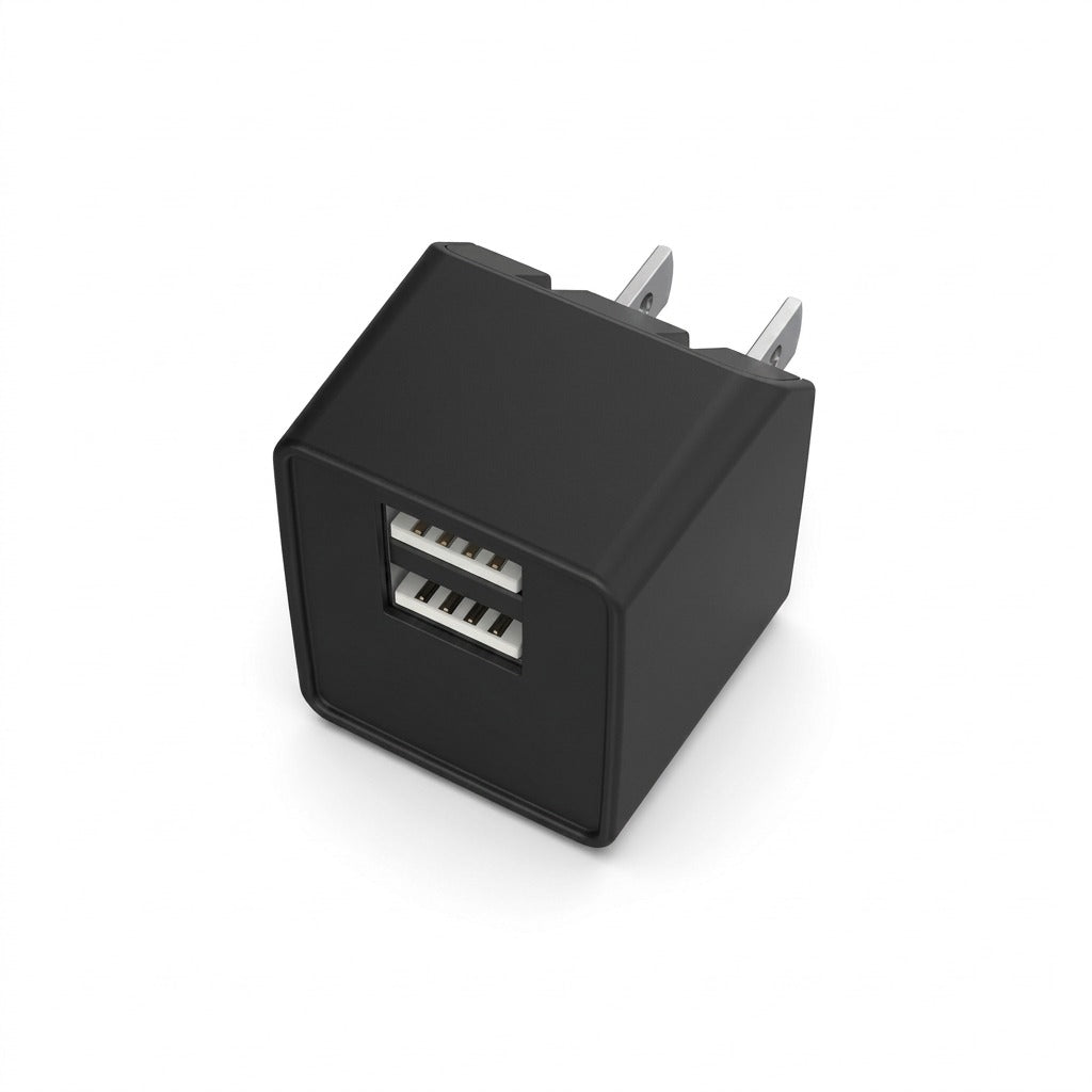 TechBasic dual-port USB wall charger in matte black with two USB-A ports on white background