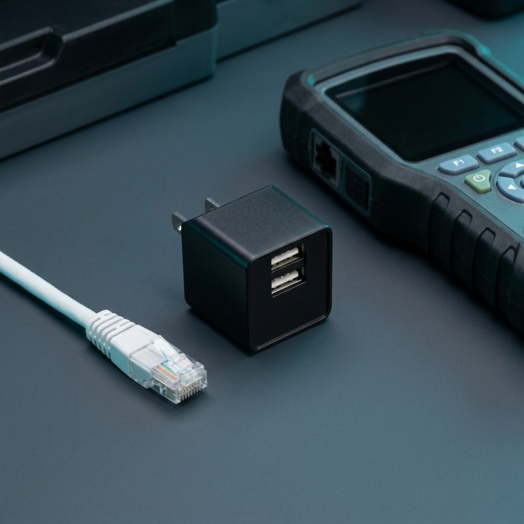 TechBasic compact dual-port USB wall charger shown beside an ethernet cable and network tool.