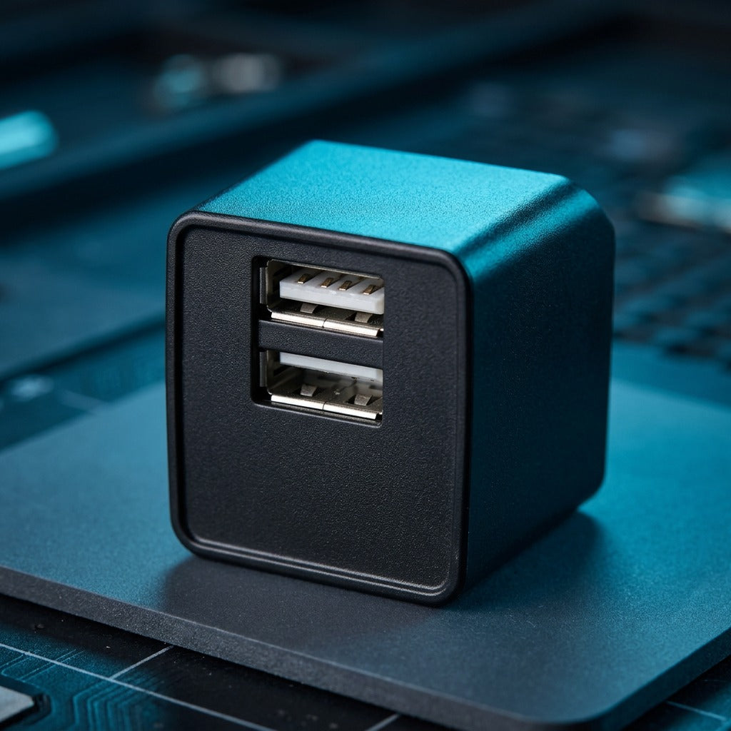 Macro close-up of the TechBasic dual-port USB wall charger in a black cube housing.