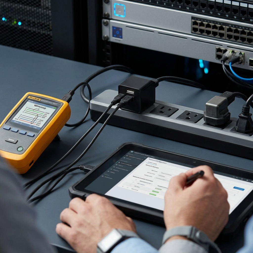 TechBasic dual-port USB wall charger powering diagnostic tools on a server staging bench.