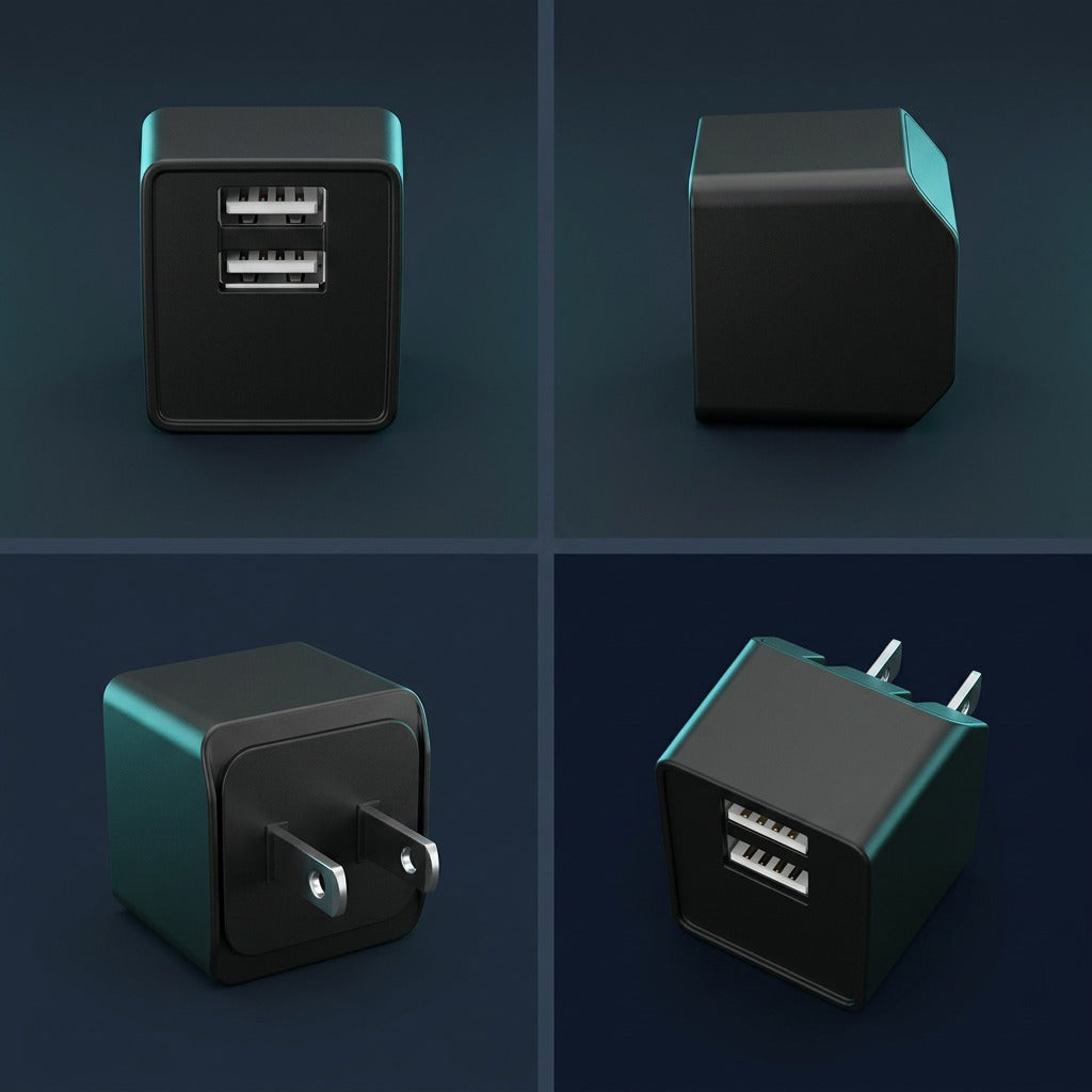 Four-panel view of the TechBasic black dual-port USB wall charger showing ports, plug, and sides.