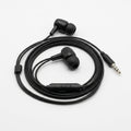 Tech Basic black in-ear earbuds with in-line microphone and 3.5mm audio jack on a white background.