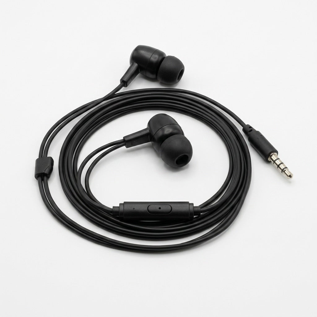 Tech Basic black in-ear earbuds with in-line microphone and 3.5mm audio jack on a white background.