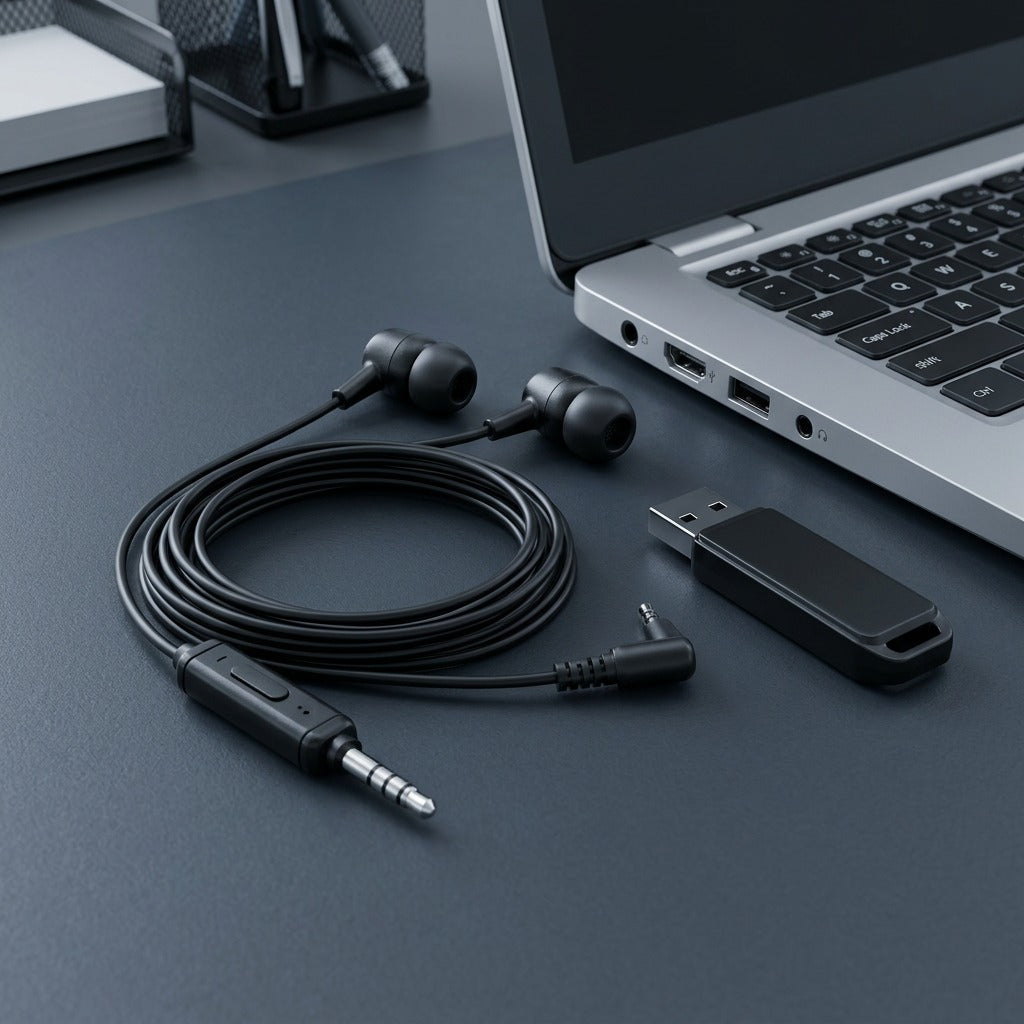 TechBasic bulk earbuds with mic and 3.5mm TRRS jack beside a laptop and USB drive for scale.