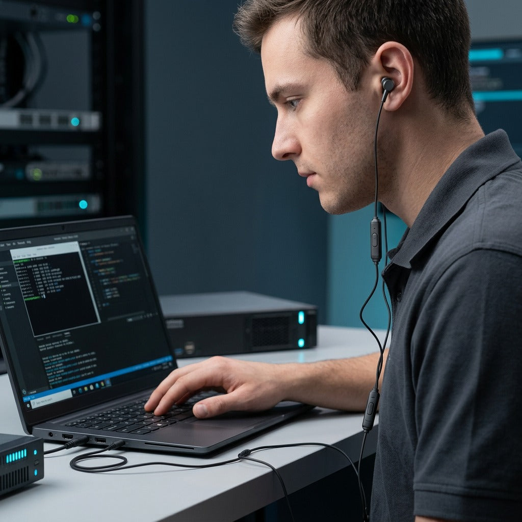 IT professional wearing TechBasic wired earbuds with in-line mic while working at a laptop.