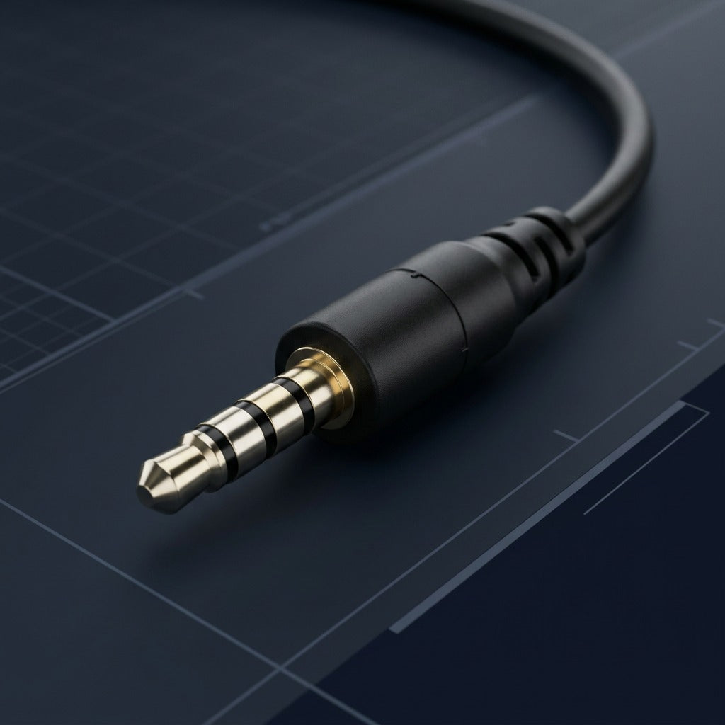 Macro view of the 3.5mm TRRS audio jack and molded strain relief on TechBasic Bulk Earbuds.