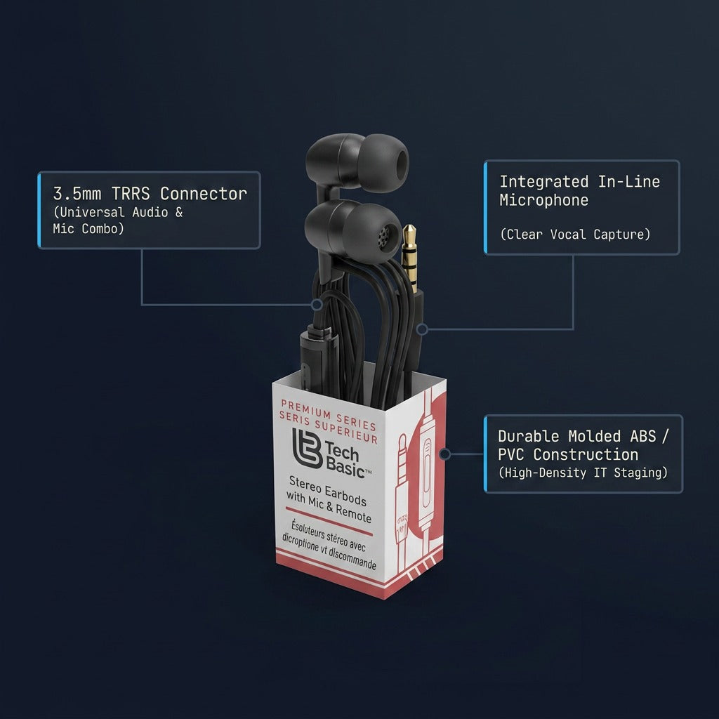 TechBasic bulk stereo earbuds feature callout showing 3.5mm TRRS jack, in-line mic, and boxed design.