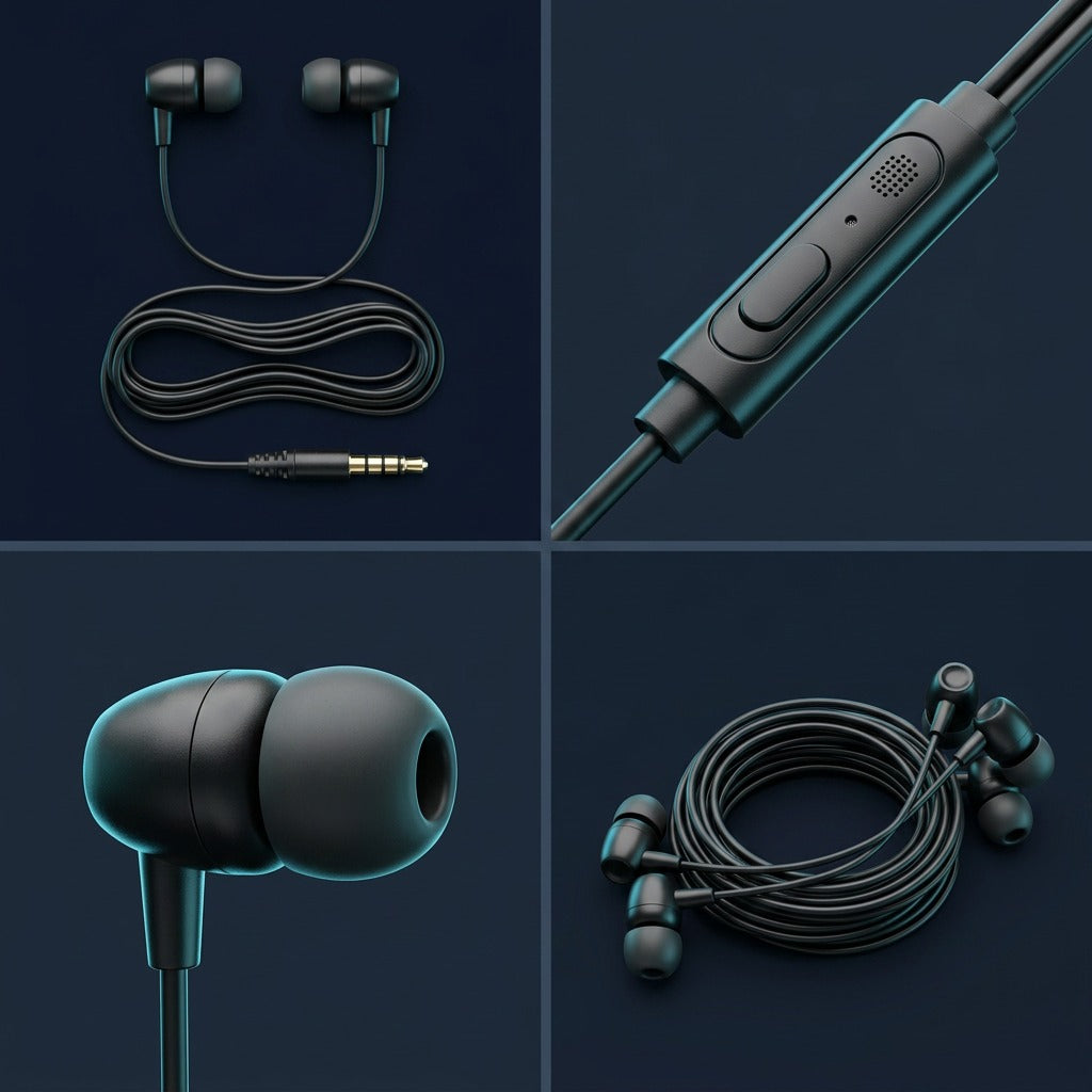 Four-panel view of black TechBasic bulk earbuds, featuring 3.5mm jack, inline mic, and silicone tip.