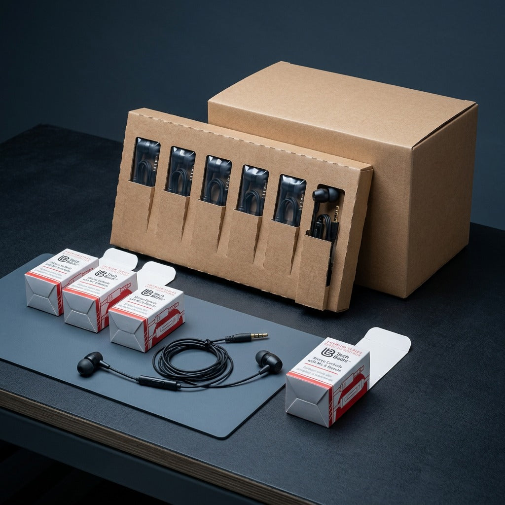 TechBasic bulk earbuds with mic unpacked alongside individual boxes and organized kraft packaging.