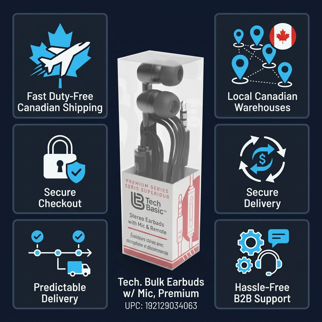 Tech Basic Bulk Earbuds in packaging surrounded by Canadian shipping, delivery, and support icons.